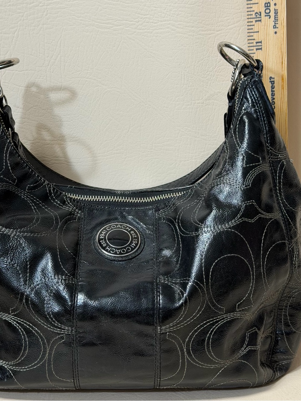 COACH SIGNATURE STITCHED BLACK PATENT LEATHER HOBO BAG STYLE # F19282 - Picture 8 of 10